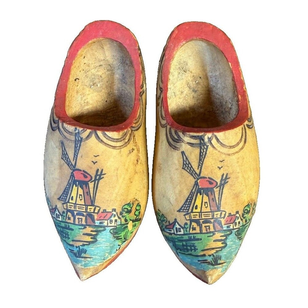 Vintage Dutch Wooden Shoes 4" Mini Clogs Hand Painted Windmill Scene Trinket